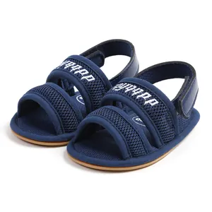 Detailed close-up of navy blue breathable mesh baby sandals with secure Velcro straps