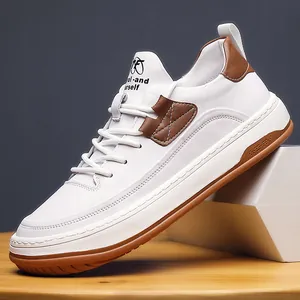 Baskets à la Mode en Cuir de Vachette pour Hommes Bout Rond Lacets Respirants Chaussures de Skate Style Coréen Blanc Décontracté