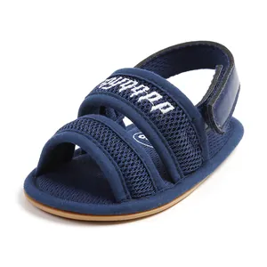 Close-up detail of breathable blue mesh baby walker sandal with soft sole and embroidery
