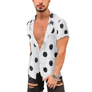 Stylish men's white short sleeve shirt with bold black polka dots and lapel collar