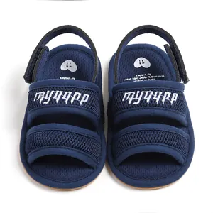 Navy blue breathable mesh baby sandals with soft sole and stylish embroidery detail