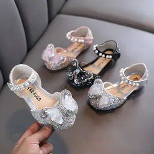 Girls Princess Shoes Rhinestone Bow Performance Dance Shoes Artificial Pearl Strap Korean Style Dress Shoes For Party Wedding