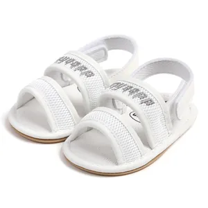 Detailed macro view of white breathable mesh baby sandals with soft soles