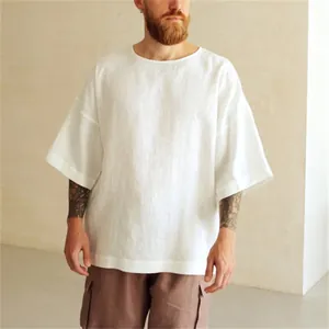 Camiseta de Algodón Minimalista para Hombre Top Casual de Cuello Redondo y Manga Media Corte Holgado Camisa Blanca Sólida Estilo Playa
