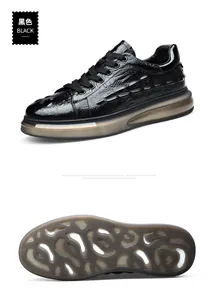 Detailansicht der schwarzen Rindsledersneaker mit Krokoprägung und gemusterter Außensohle