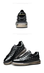 Detailansicht der Herren-Sneaker aus schwarzem Leder mit Krokodilprägung und dicker Sohle