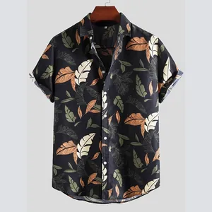 Men's casual short-sleeve shirt with tropical leaf print and lapel collar design.