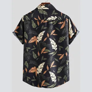 Detailed back view of a men's black short-sleeved shirt featuring tropical leaf print