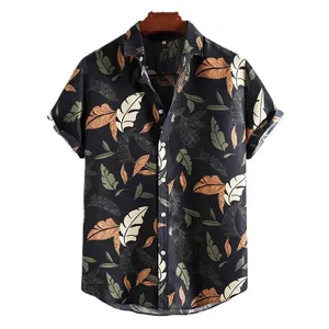 Black men's short sleeve casual shirt with stylish tropical leaf print and lapel collar
