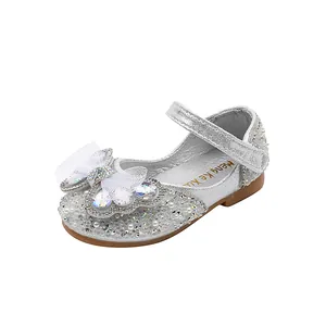 Zapatos de princesa Mary Jane plateados para niñas con pedrería brillante y lazo
