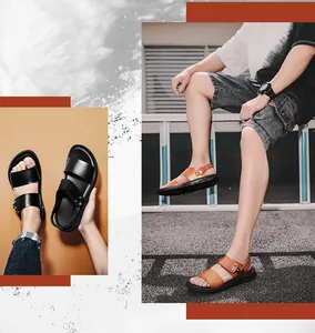 Detailed lifestyle view of men's leather sandals worn by a model in urban setting
