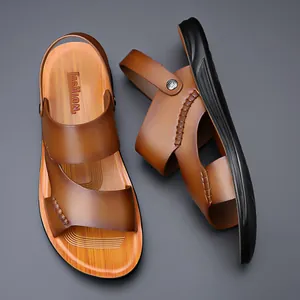 Sandalias de playa de cuero marrón para hombre con suela suave y antideslizante