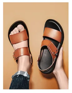 High-end men's brown leather sandals with adjustable straps and non-slip black soles
