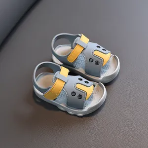 Toddler summer sandals with grey and yellow cartoon design and soft non-slip sole
