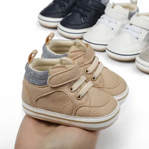 Close-up of khaki baby boy walking shoes with soft sole for infants 0-1 year old