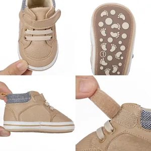 Detailed views of khaki baby boy pre-walker shoes showing non-slip sole and strap