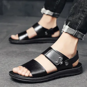 Premium black leather sandals for men, comfortable for summer beach and outdoor use