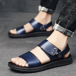 Premium navy blue leather sandals for men with high-quality anti-slip rubber soles.
