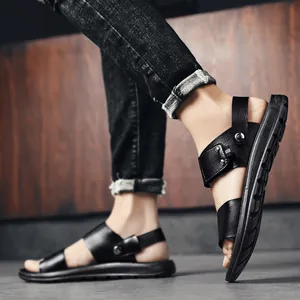 Stylish black men's leather sandals with anti-slip sole for summer outdoor wear