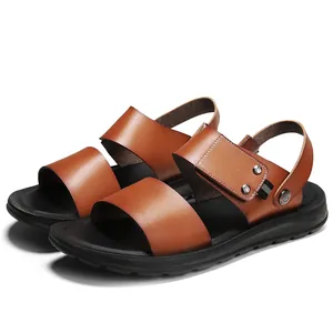 Classic brown men's leather sandals with non-slip sole for summer beach outdoor wear