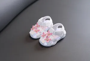 Vue détaillée de sandales blanches pour bébés filles avec papillons roses et perles