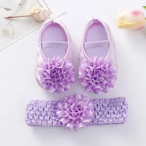 Chaussures de princesse souples violettes avec fleur et ensemble de bandeau assorti