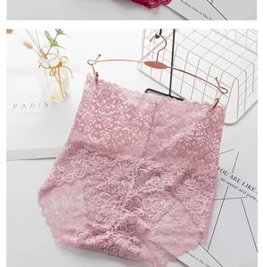 Detailed view of pink floral lace high-waist panties with scalloped edges