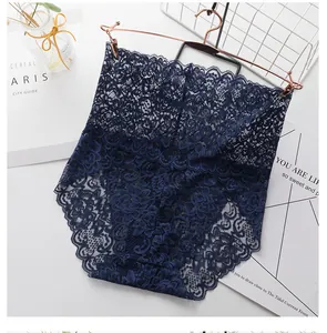 Detailed view of elegant dark blue high-waisted lace panties with floral embroidery.