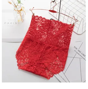 Detailed view of elegant red high-waist floral lace panties with sexy scallop trim