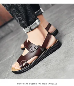 Detailed side view of brown PU leather men's sandals with dual-wear design on stone floor