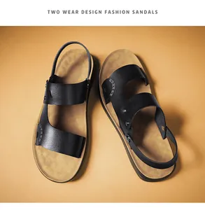 Close-up detail of men's black PU leather outdoor sandals showing two-wear design
