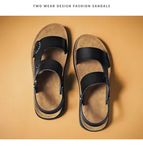 Top view of black PU leather sandals with a dual-wear design on an orange backdrop