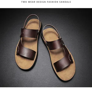 Close-up of men's brown PU leather sandals featuring a versatile two-wear design