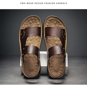 Detailed top view of brown PU leather men's two-wear sandals on an industrial stand