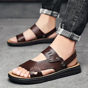 Stylish men's brown PU leather outdoor sandals featuring non-slip soles for beach comfort
