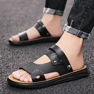 Durable men's black PU leather outdoor beach sandals featuring non-slip rubber soles