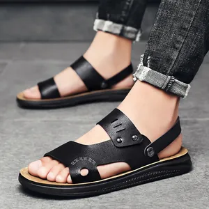 Durable men's black PU leather outdoor sandals with stylish anti-slip rubber soles
