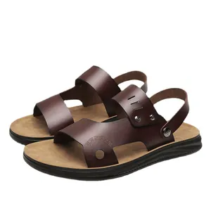 Men's outdoor brown PU leather sandals with non-slip durable sole