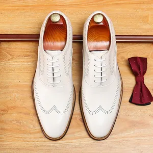 Men Business Casual Cowhide Brogue Oxford Shoes British Style Wingtip Carving Lace-up Formal White Leather Dress Shoes