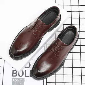Men's classic brown leather elevator shoes with thick soles for formal business wear.