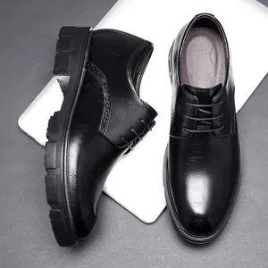 Premium black textured men's formal elevator shoes with thick sole height increase