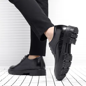 Men's 10cm height-increasing black leather elevator dress shoes for weddings.