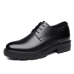 Men's formal black leather elevator shoes with thick platform sole for business and wedding