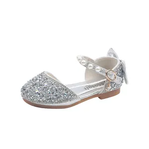 Scarpe da principessa argento glitter per bambine con perle e fiocco per danza