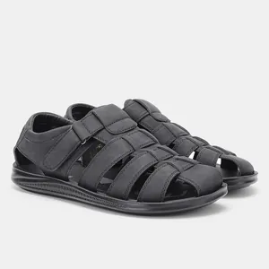 Sandalias de cuero negro para hombre, diseño calado transpirable para playa