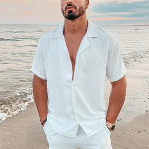 Heren Casual Katoenen Overhemd Korte Mouw Opstaande Kraag Knoopsluiting Los Ademend Dun Zomer Strand Resort Stijl Top