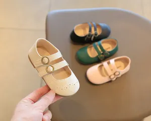 Detailed view of girls' British style Mary Jane shoes in multiple soft pastel colors