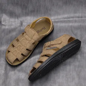 Sandalias de Cuero PU Casual para Hombre Ligeras Transpirables Zapatos de Playa de Verano Antideslizantes con Velcro Exterior
