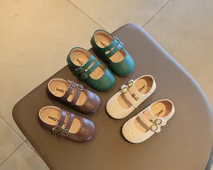 Detailed view of girls' British style Mary Jane leather shoes in three classic colors