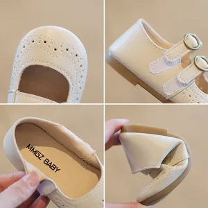 Beige British style Mary Jane shoes for toddler girls with flexible rubber soles